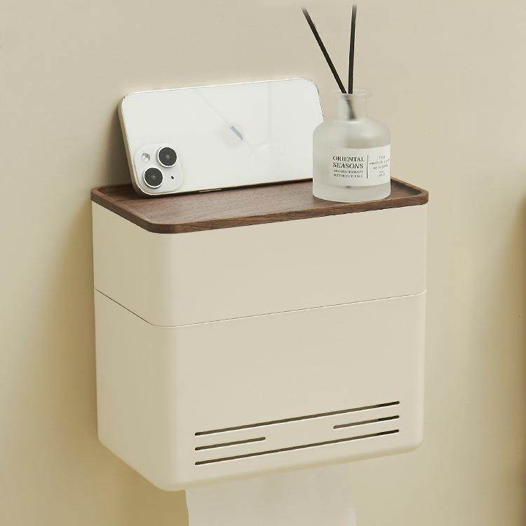 卫生间厕纸盒免打孔奶油风壁挂式厕所卷纸架实木纸巾抽纸盒置物架