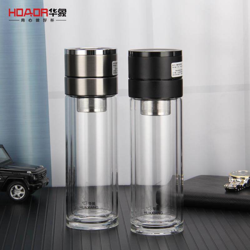一键速开车载水杯华象2215双层速开玻璃杯茶水分离泡茶杯可印字