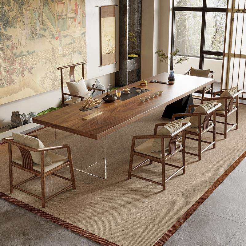 新中式南美黑胡桃木茶桌大板办公室家用宋代美学茶台简约新款高端