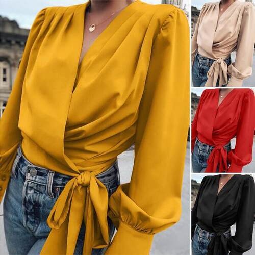 Women's bubble long sleeved shirt with collar and tie up