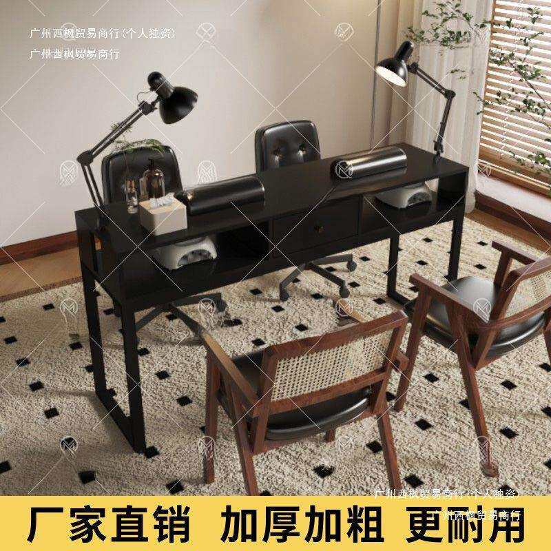 新款美甲店复古美甲桌子实木美式台单双人简约胡桃色操作台美甲桌