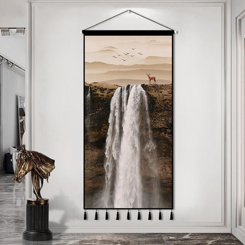 现代中式流水生财山水画背景墙装饰挂毯客厅玄关布艺挂画背景挂布
