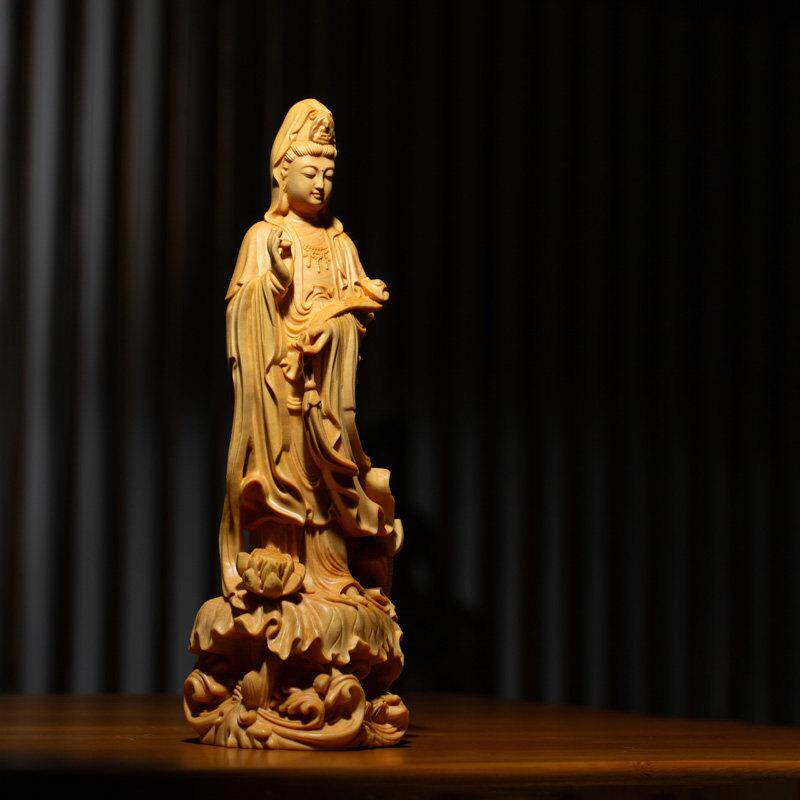 采购产品黄杨小叶雕刻，雕刻工艺品，佛像饰品，大悲观音立莲菩萨