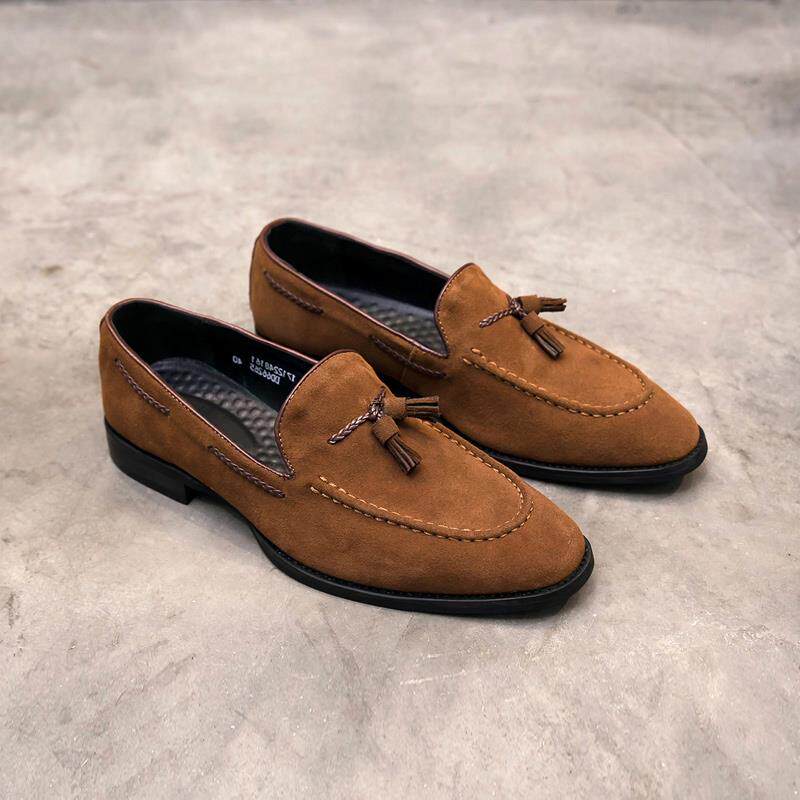 高档男士休闲帆 皮鞋真皮船务乐福鞋高级感黑色翻毛流苏一商脚蹬