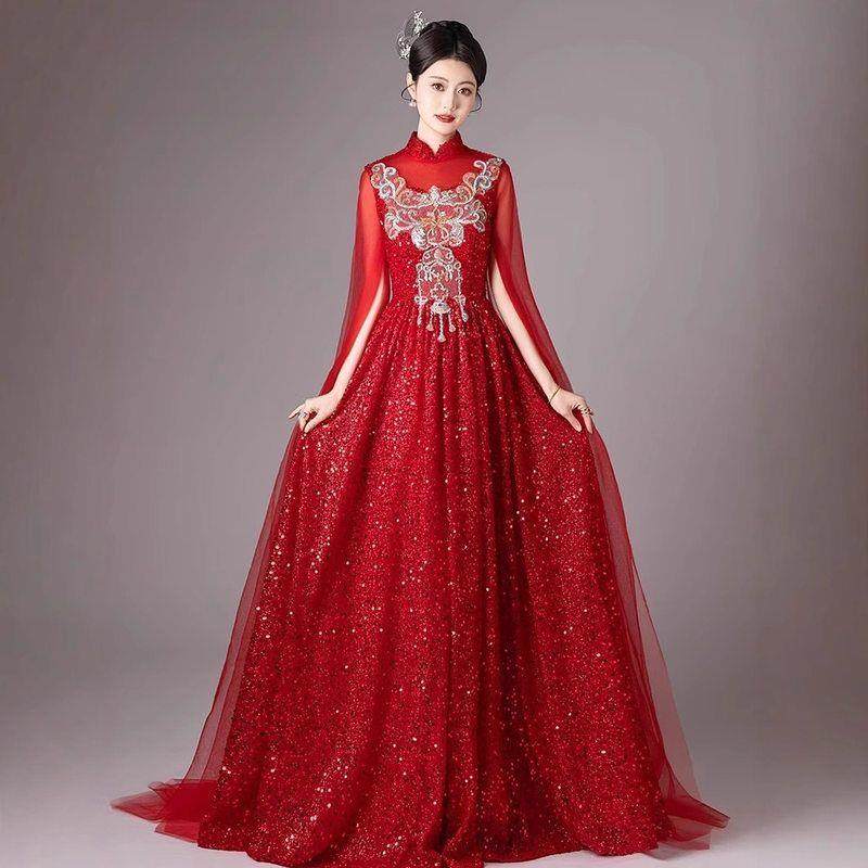 正品古筝演出服成女合唱表演服红色轻奢民乐试检大定考演奏独唱晚