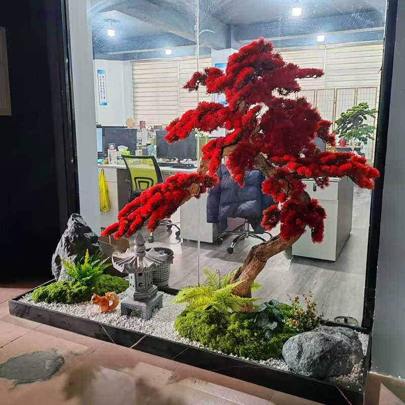 仿真树迎客松红色生绿植假树景观植物造景酒店楼梯室内装饰摆件