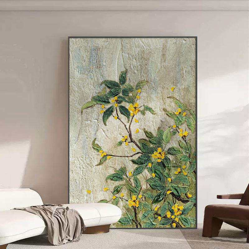 手绘油画金桂入户玄关装饰画大芬村走廊过道挂画新中式肌理感壁画