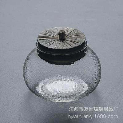 日式磨砂锤纹玻璃茶叶罐琉璃木塞密封罐茶叶罐储存罐小茶仓