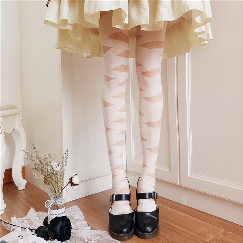 lolita交叉绑带连裤绷带镂空半透丝袜洛丽塔袜子 奶白捆绑袜