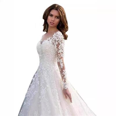 Lace long sleeved one shoulder white wedding dress