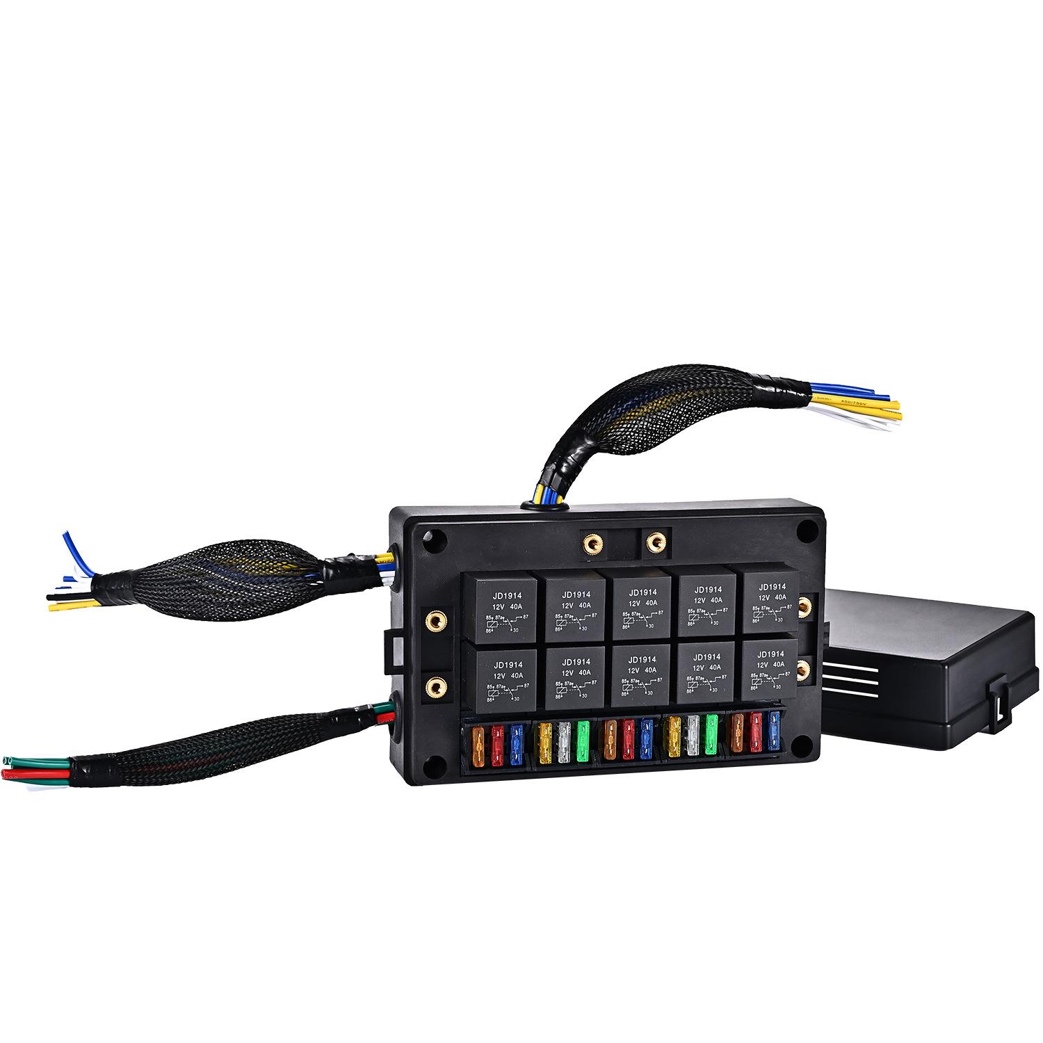 汽车继电器保险盒12V/24V改装车用带线束保险盒汽车10路保险丝盒