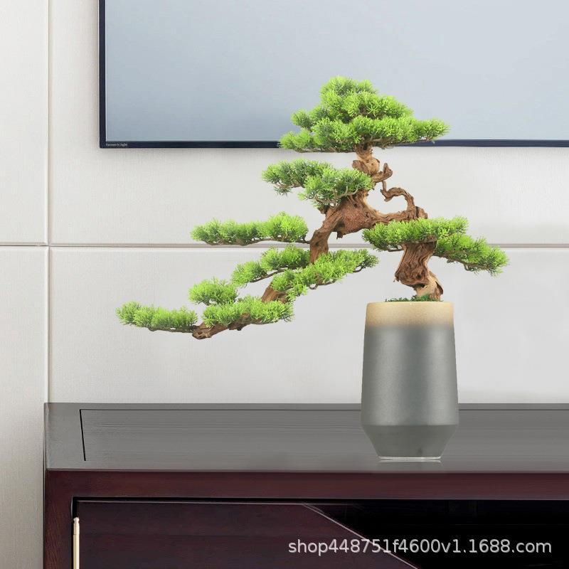 新式仿摆真迎客松盆景件602玄关客厅办室酒店中绿植景观造景装公