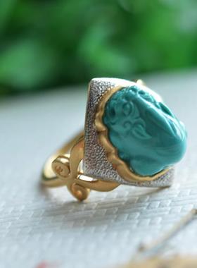 2021年毕业级原矿绿松石18K金镶嵌戒指雕刻貔貅瓷度好优雅男女款