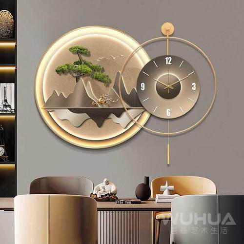 迎客松餐厅装饰画高档钟表挂钟led灯画饭厅挂画客厅麋鹿时钟壁画