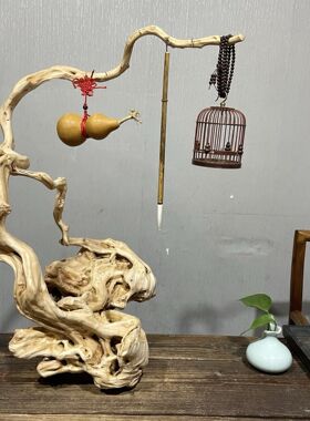 风化枯木摆件杜鹃根艺崖柏树根雕蝈蝈笼鸟笼挂架客厅玄关装饰品