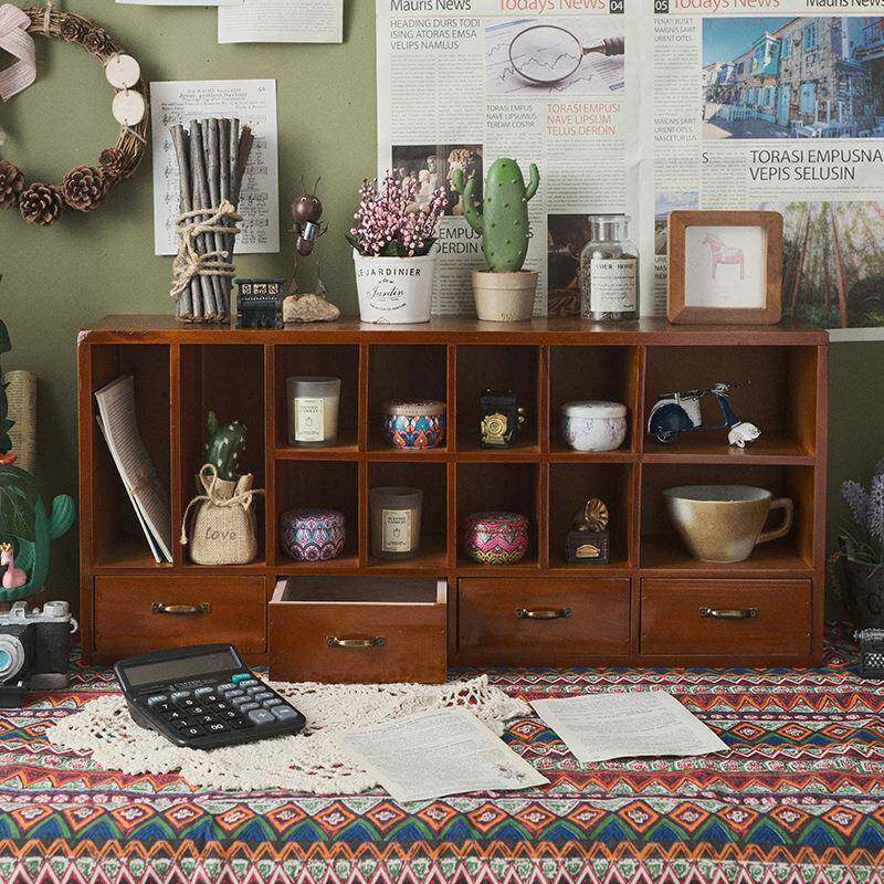 桌面收纳盒胶带化妆品置物架书桌文具桌上木质复古抽屉柜子