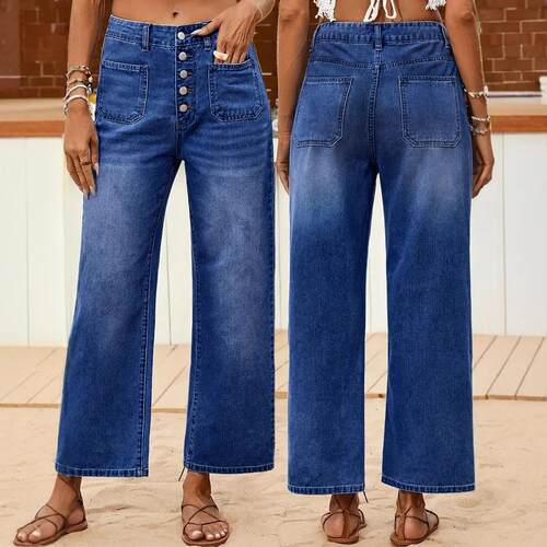 Casual Jeans Women Waisted Leg Straight Single Breasted