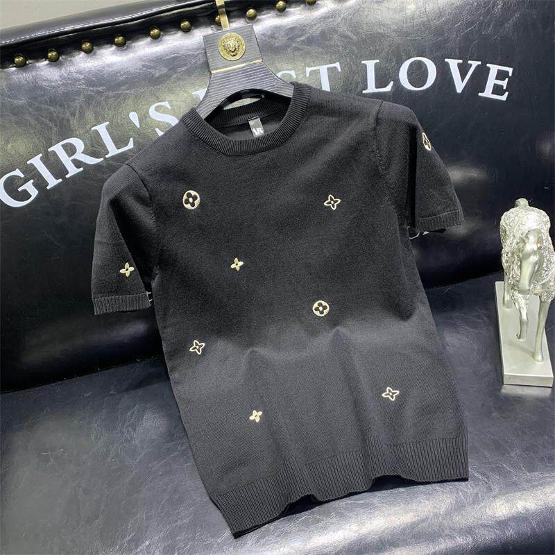 秋季潮牌短袖毛衣男弹力圆领修身时尚绣花潮流休闲 半袖打底针织