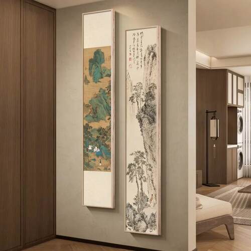 宋代美学玄关挂画新中式走廊尽头装饰画复古山水入户门竖长条壁画