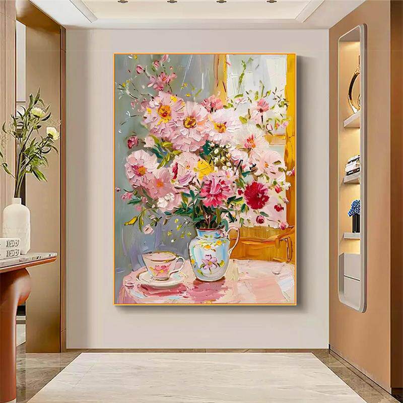 纯手绘肌理感油画餐厅装饰画小清新花卉挂画轻奢客厅卧室玄关壁画