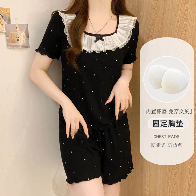 短袖睡衣女款夏季莫代尔2026新款女士纯欲蕾丝波点带胸垫黑色套装