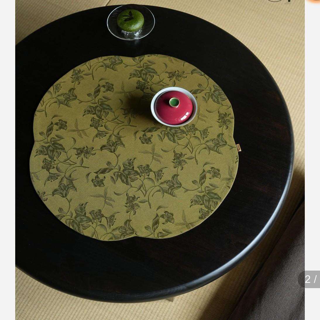 慢蓝花叶丛生黑绿+苔绿色 双面海棠真丝提花香云纱茶席41*41cm