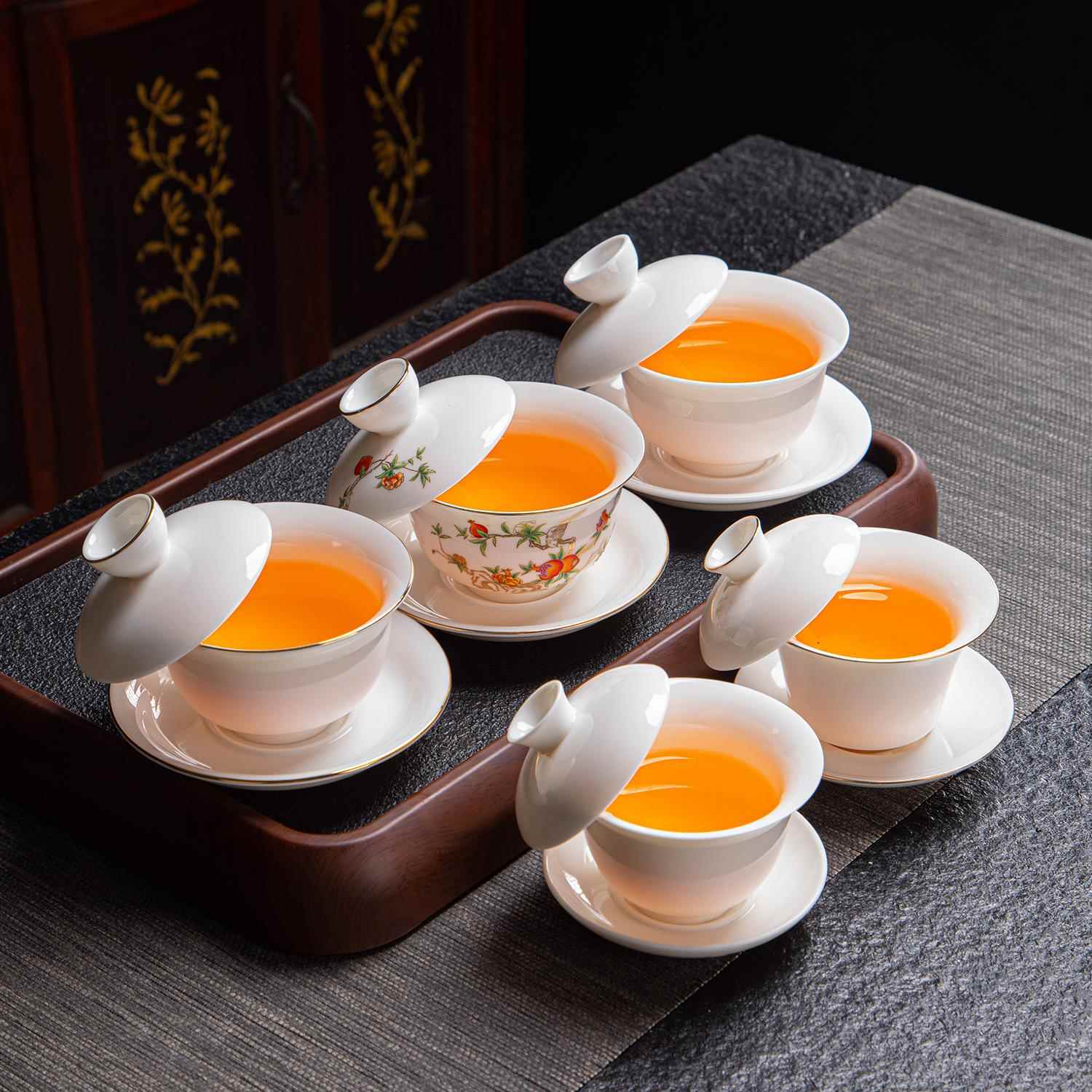 悬停德化羊脂玉金边盖碗茶具茶碗三才碗陶瓷茶具泡茶器大中小号定