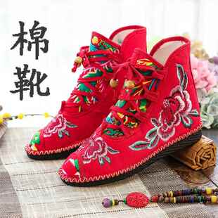 高档族秋季新款老北京布鞋 平底民 风绣跳花鞋子妈妈舞绣花靴子女