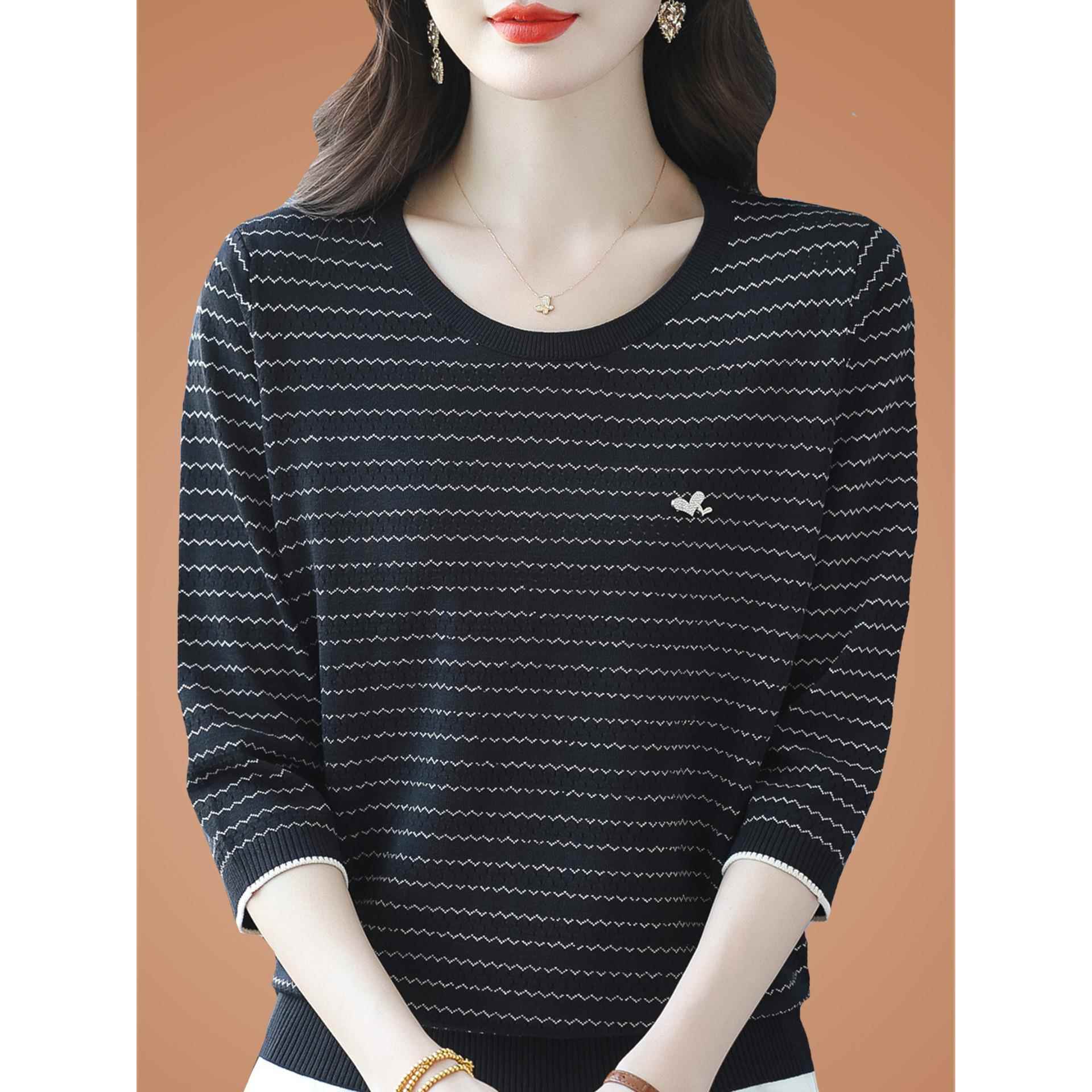 早春秋桑蚕丝上衣女妈妈七分袖t恤宽松大码洋气条纹针织打底小衫