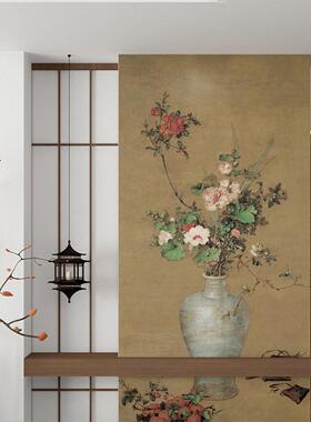 古画梅瓶花卉玄关墙面装饰贴画茶室中国画背景墙午瑞图墙贴纸定制