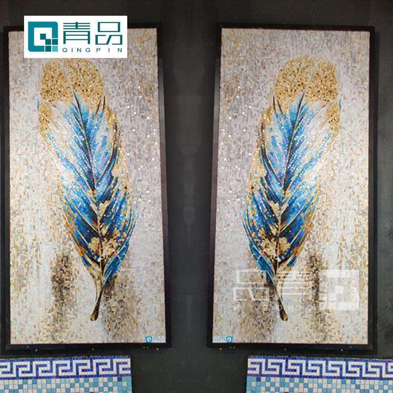 厂家马赛克瓷砖别墅展厅会议室电视背景马赛克剪画 蓝金羽毛