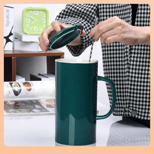 3DWF简约大容量马克杯家用带盖勺耐高温陶瓷杯水杯男女杯子1300ml