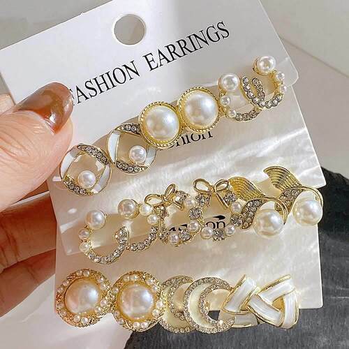 Pearl earrings set 3 pieces ins鱼尾珍珠月亮耳钉耳环套装3件套