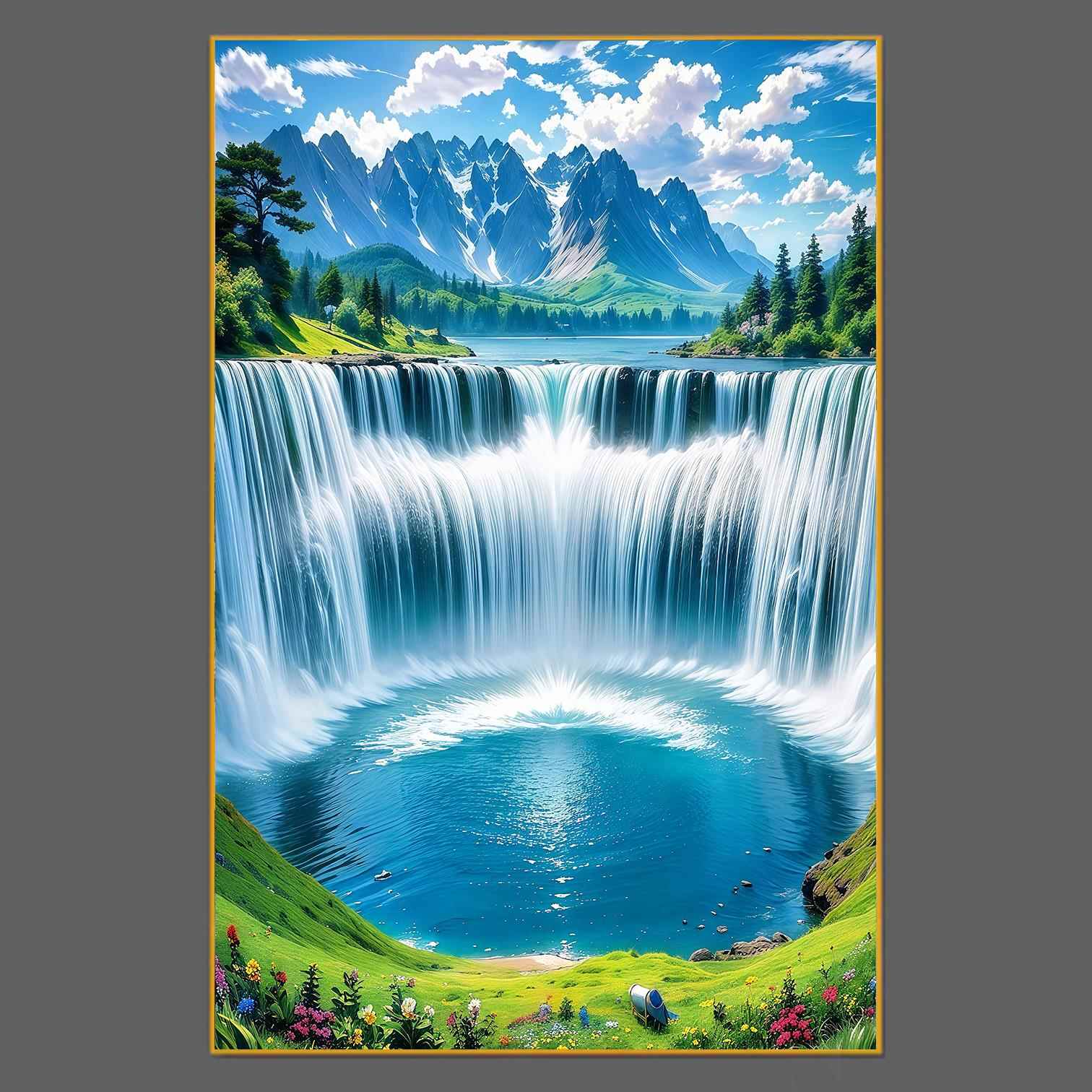 瀑布山水画图客厅玄关装饰画走廊过道平面晶瓷铝合金框画图片