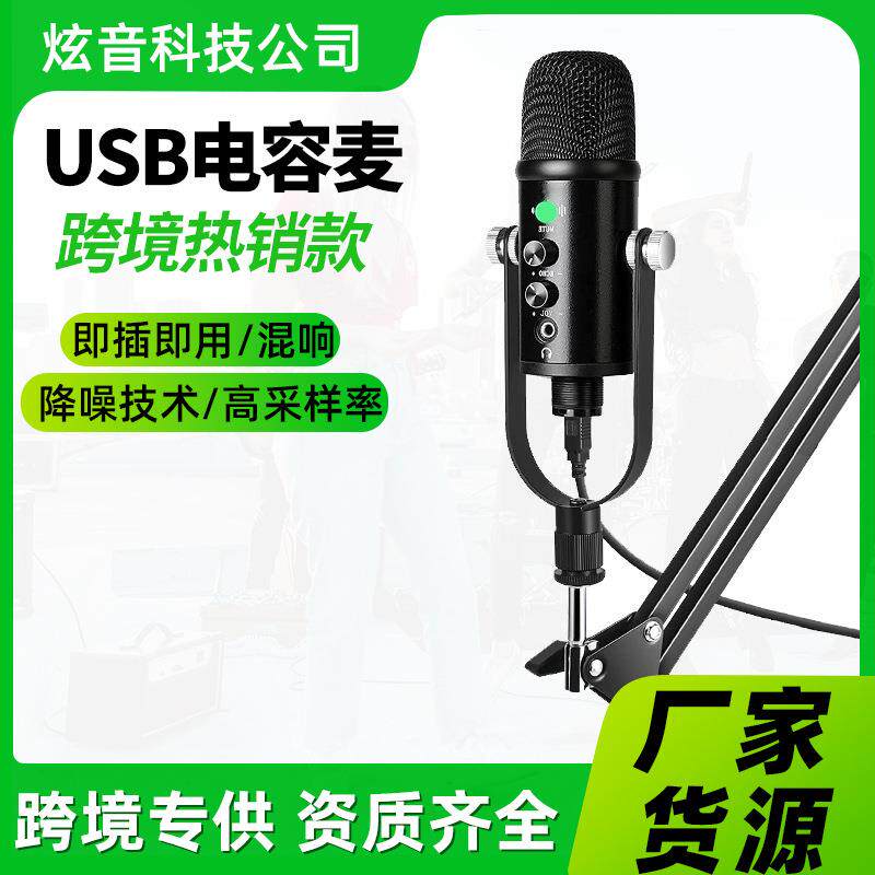 跨境USB电容麦 语音录音降噪大振膜电脑麦克风话筒直播设备套装