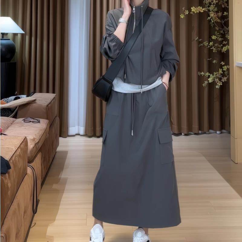 班奈悦慵懒风立领运动套装女早春新款大码宽松显瘦半身裙休闲套装