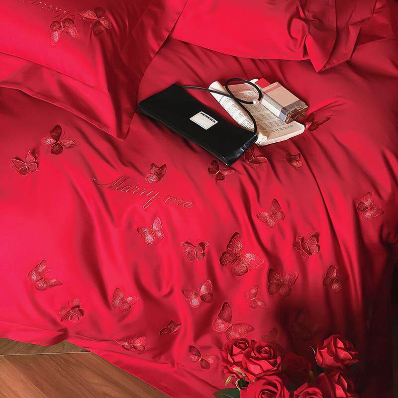2025新款100支贡缎长绒棉四件套红色裸睡丝滑婚庆床上高端被套