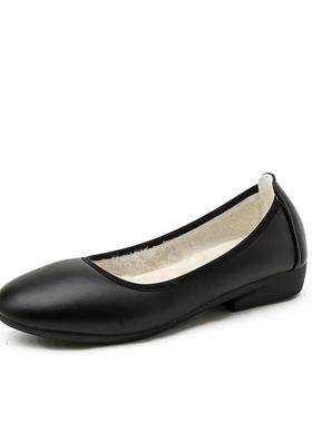 正品黑色平皮底单鞋女职业鞋加士绒上工作鞋圆头软底班鞋工装鞋妈