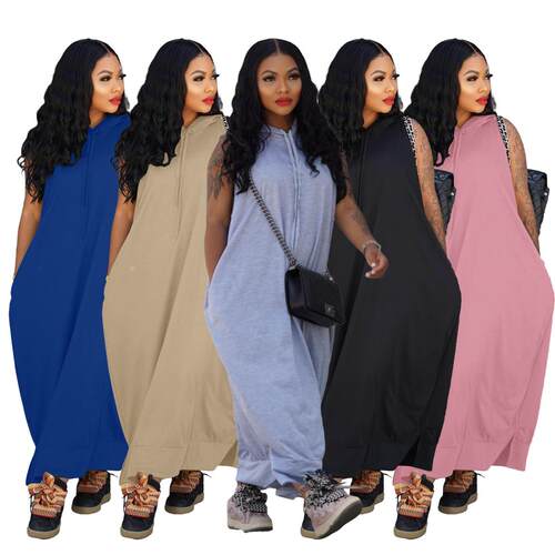 Women's Plain Drawstring Hooded Tank Dress, Casual Pocket Sl