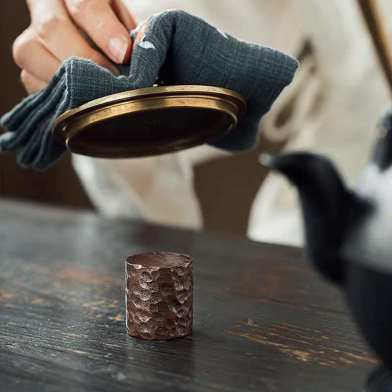 架新中式实古手工锻打心紫砂壶茶壶锻紫铜盖置打盖复托铁壶盖茶道