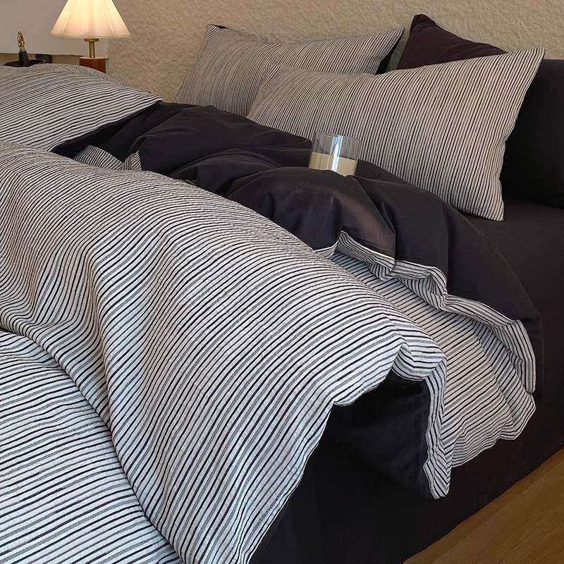 极简侘寂风四件套全棉纯棉2026新款黑白条纹被套床单笠高级感床品