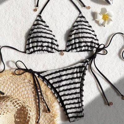 Zebra striped backless lace up bikini 斑马纹露背系带比基尼女
