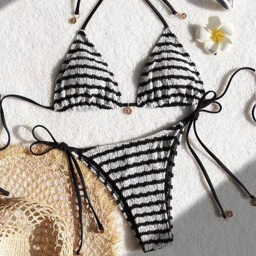 Zebra striped backless lace up bikini 斑马纹露背系带比基尼女