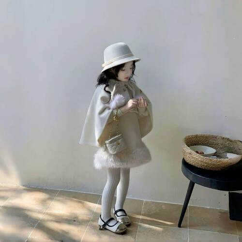 现货拜年服女童小香风斗篷披肩外套冬装儿童毛呢背心裙套装连衣裙