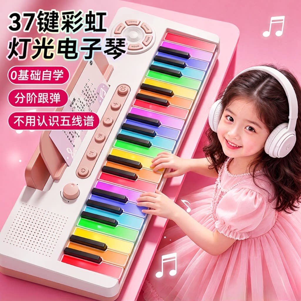 彩虹电子琴37键儿童钢琴玩具女孩6到12岁新手入门生日礼物旗舰店