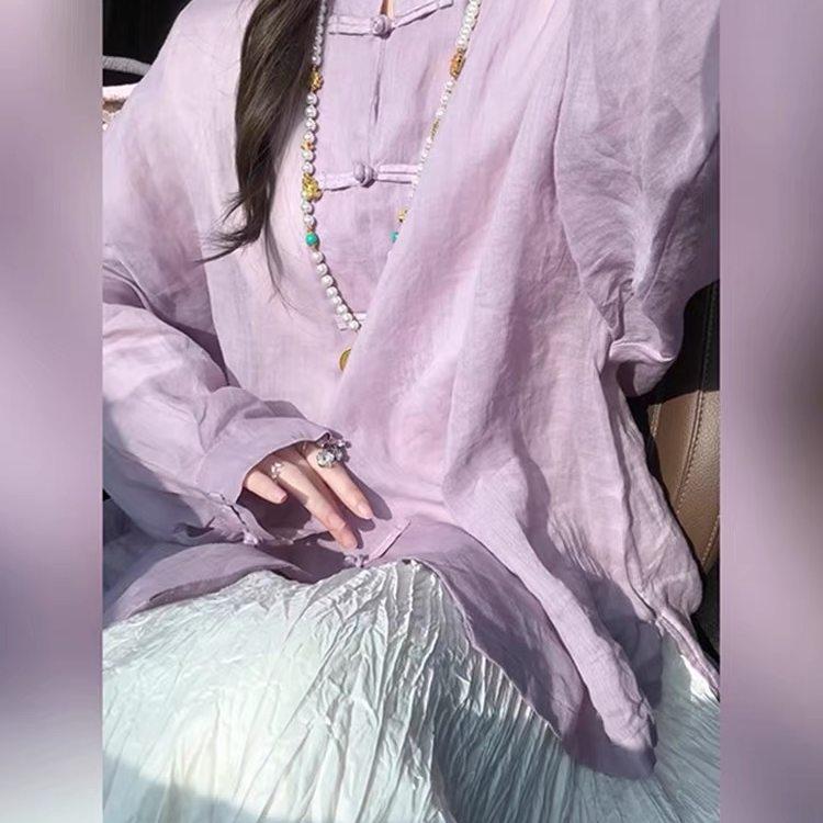 新品新中式轻国风紫色棉麻衬衫女2026秋季新款清冷松弛感立领盘扣
