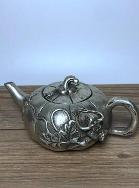 仿古古玩杂项纯铜白铜镀银水壶茶壶大明宣德款雕刻花卉青蛙南瓜壶