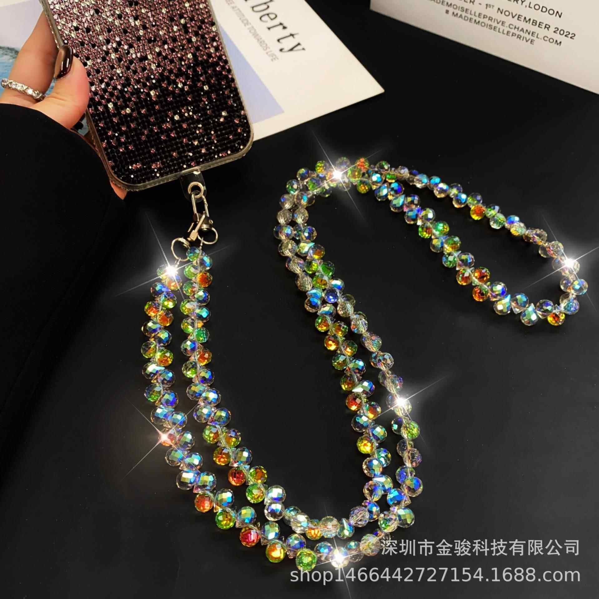 高级感水晶手机链斜挎可背手机挂绳挂脖长款包包手工串珠挂链