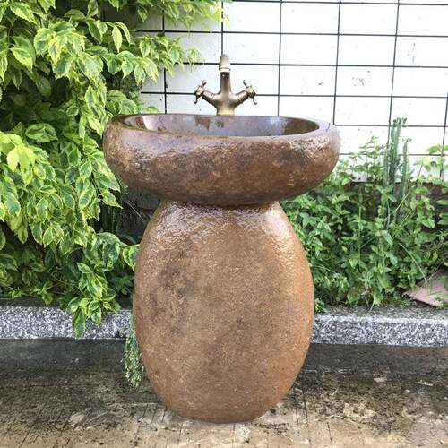 石头洗手盆户外花园水池庭院立柱公园景区水槽鹅卵石复古柱盆室外