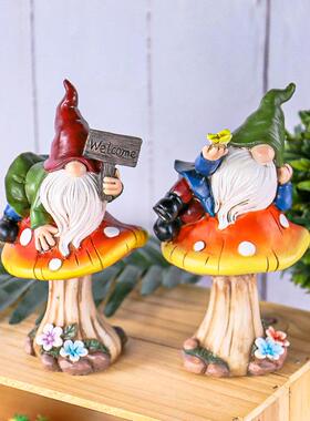 精灵趴蘑菇欢迎牌摆件美式花园庭院侏儒小矮人盆景装饰品树脂工艺